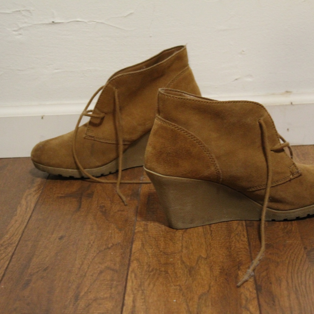 Suede Tan Wedge Lace Up Boots Wedges 10 - Picture 2 of 4